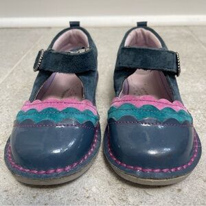 Stride Rite Evelyn Mary Jane shoes, leather, Velcro strap, navy with teal/mauve